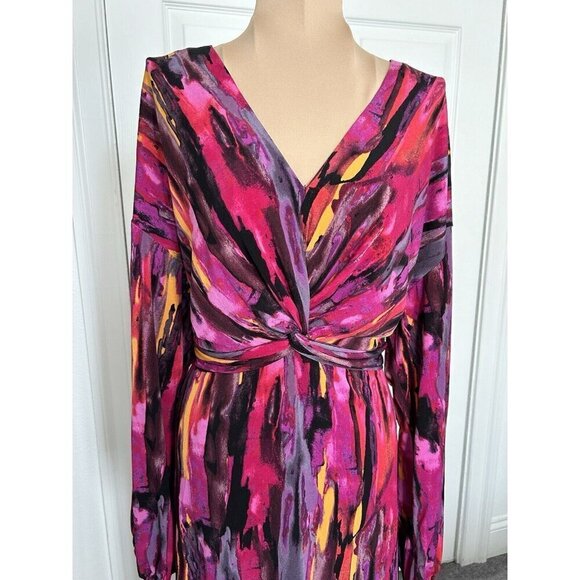 London Times Twisted Front 3/4 Sleeve A-Line Dress Berry Multi Print Size 16 - Picture 8 of 16